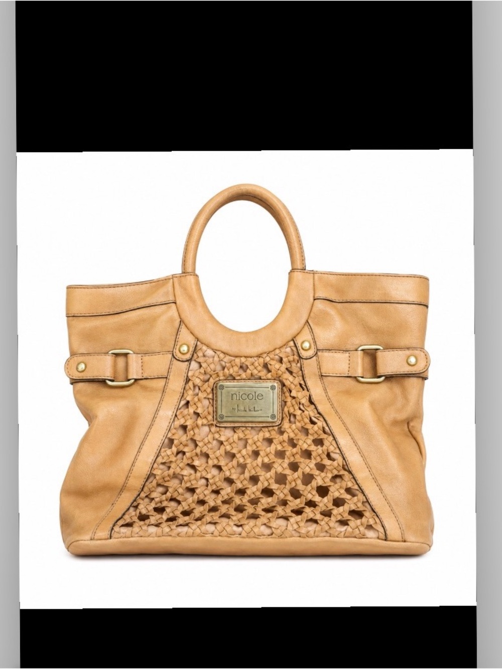 VTG Nicole by Nicole Miller Tan Woven Tote with Round Handles